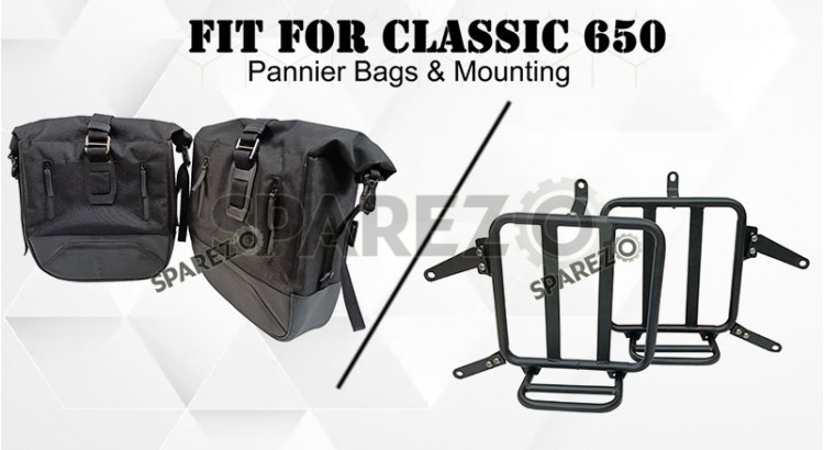 For Royal Enfield Classic 650 Genuine Leather Pannier Black Bags With Mounting - SPAREZO